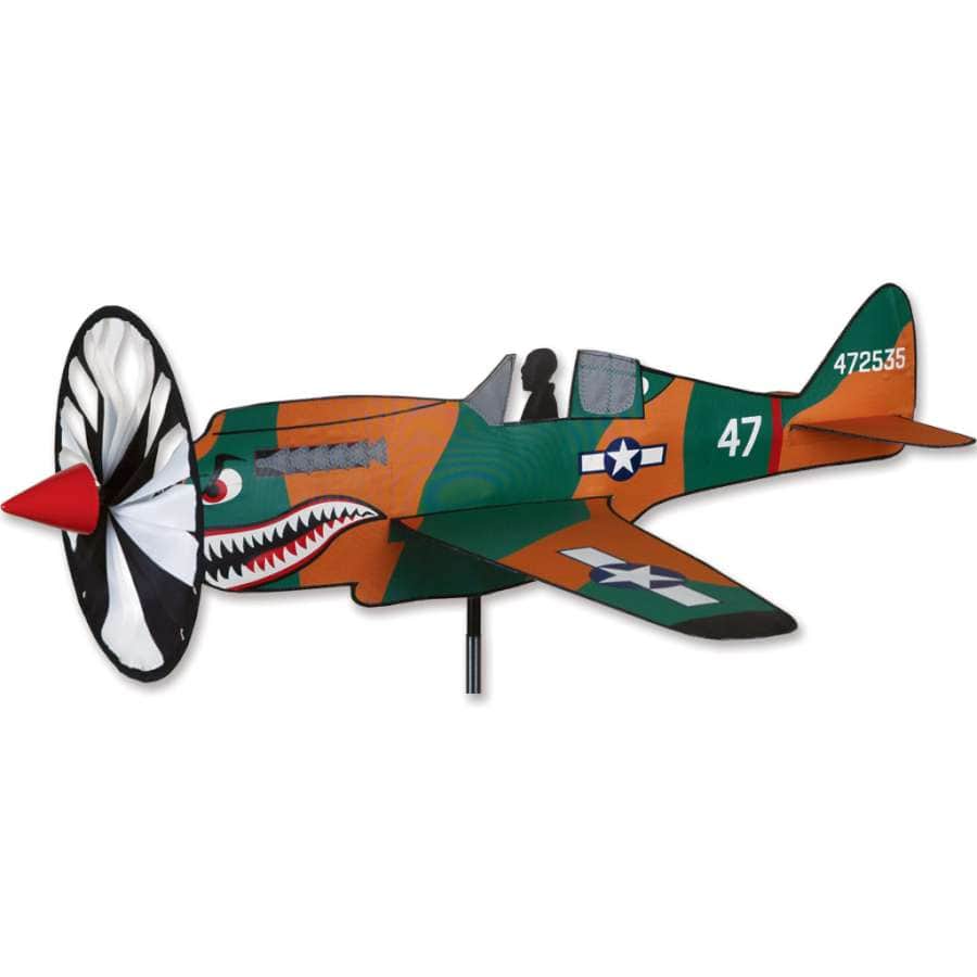 P-40 Warhawk wind spinner with 24.5 in. wingspan, realistic WWII fighter details, ripstop polyester sail, and fiberglass frame. Includes ground stake.