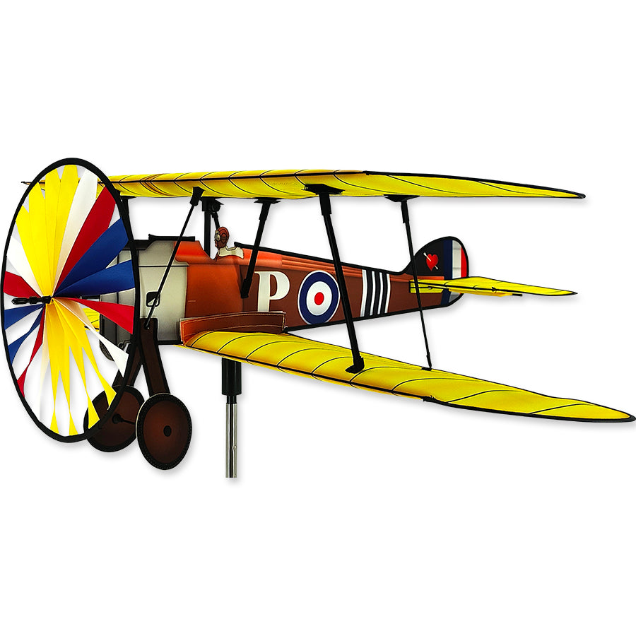 Airplane Spinner - Sopwith Camel garden ornament featuring intricate details and vibrant colors, spinning gracefully in an outdoor setting amidst greenery.