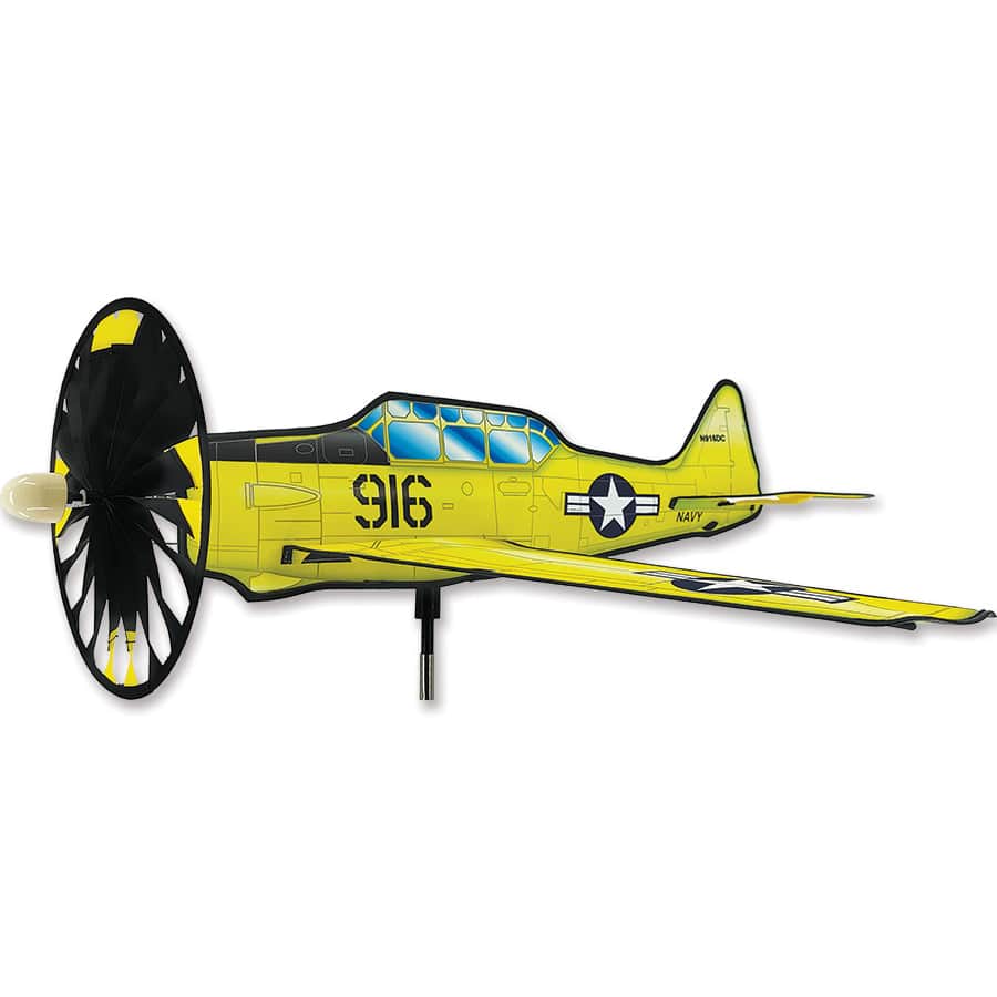 Texan T6 airplane spinner with 10 in. spinning prop, yellow military design, 33 in. wingspan, ripstop polyester build, and fiberglass frame with stake.