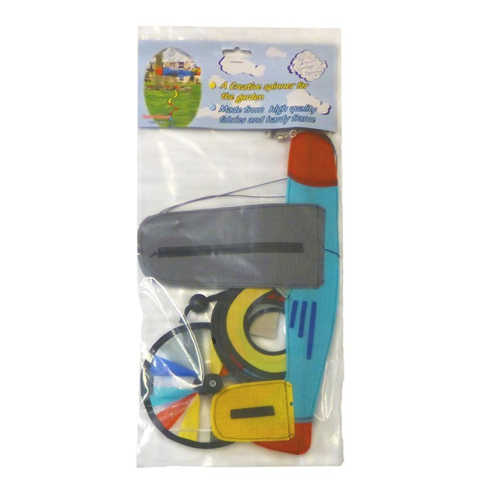 Vibrant Airplane Theme Twister featuring a colorful rotating propeller and curlie tail displayed in a sunny garden setting.