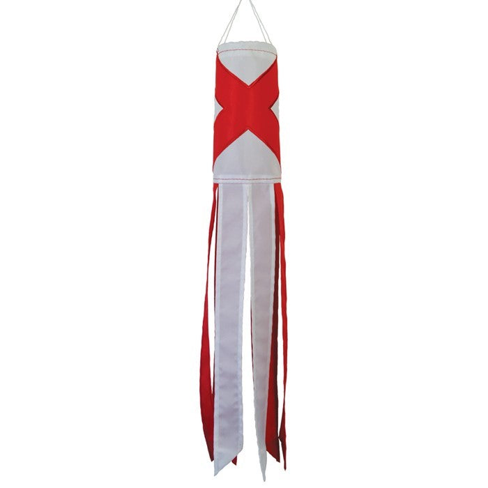 Alabama 18-inch windsock featuring bright colors and applique design fluttering in the wind, showcasing state pride in a garden setting.