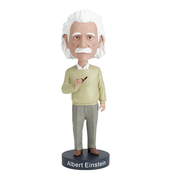 Albert Einstein v2 bobblehead standing approximately 8 inches tall, crafted from heavyweight polyresin with intricate detailing, showcasing Einstein's iconic likeness.