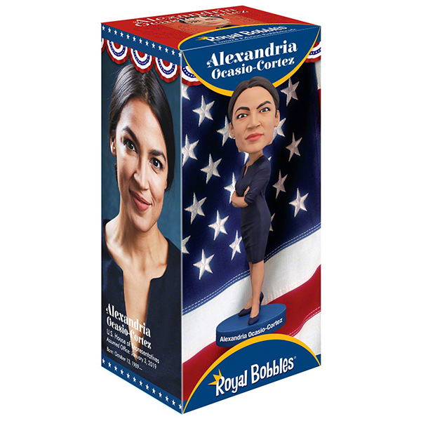 Alexandria Ocasio-Cortez bobblehead displaying intricate details, hand-painted and crafted from heavyweight polyresin with a vibrant finish.