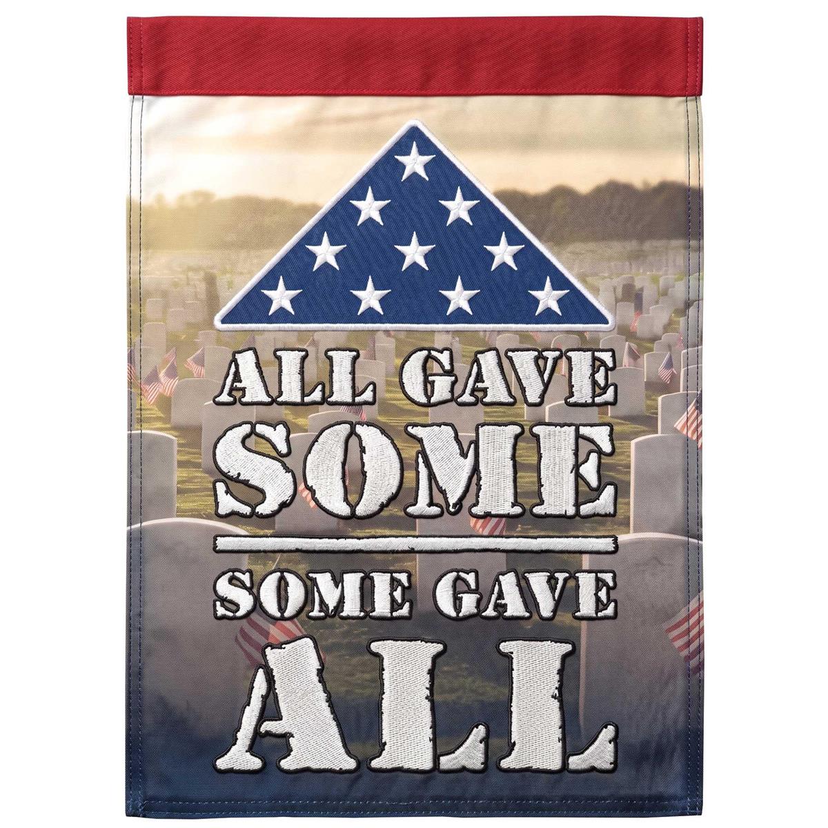 All Gave Some Some Gave All double-sided garden flag featuring fabric appliques and detailed embroidery displayed in a garden setting.