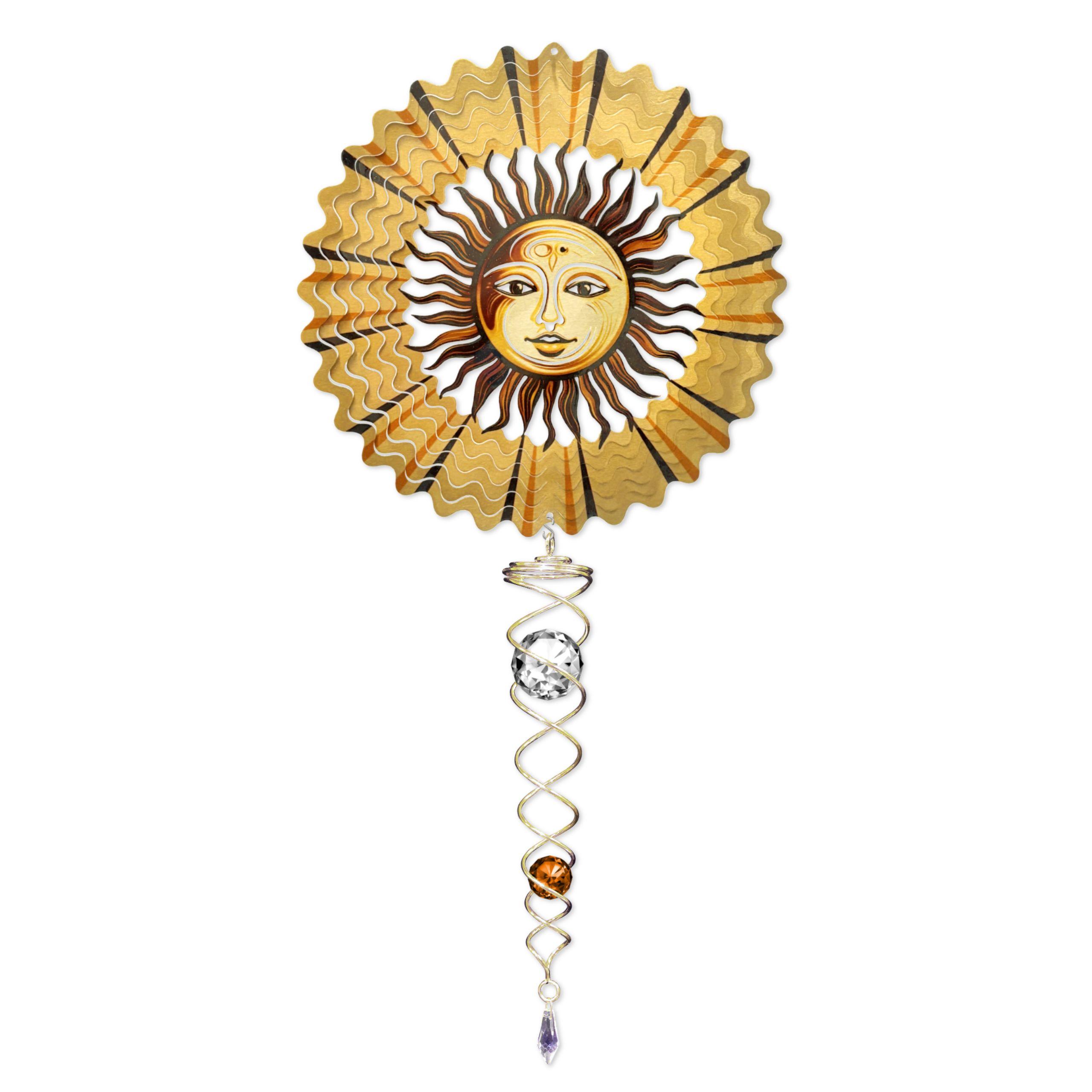 Amber Sun mini set wind spinners featuring a 6.5-inch colorful spinner and a 7.5-inch crystal twister, elegantly displayed in a brightly lit garden.