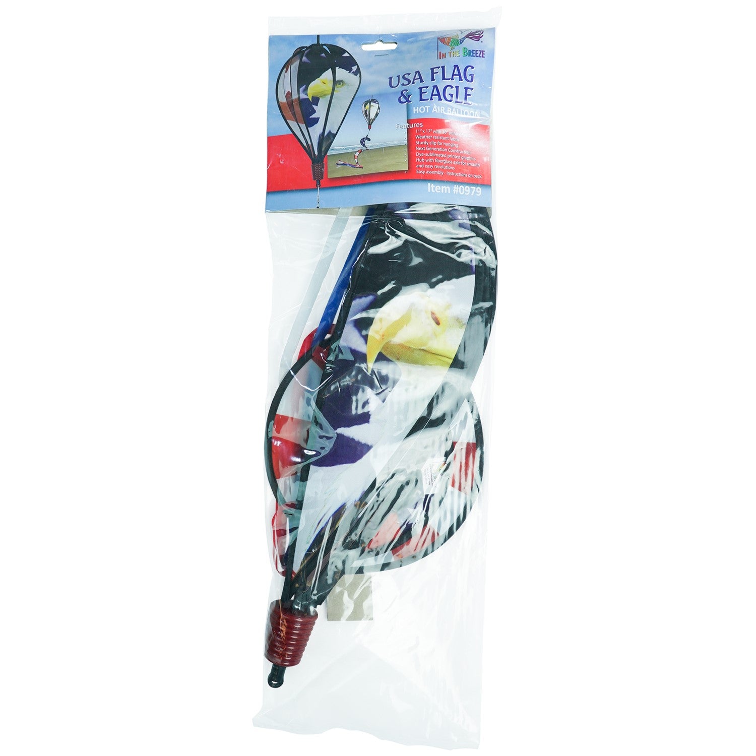American Flag Eagle 6-Panel Hot Air Balloon displayed in a garden, showcasing vibrant colors of the American flag and a majestic bald eagle design.