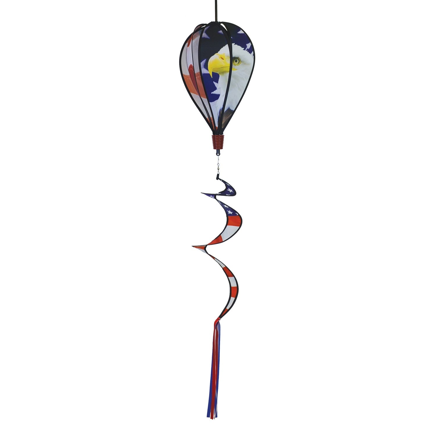 American Flag Eagle 6-Panel Hot Air Balloon displayed in a garden, showcasing vibrant colors of the American flag and a majestic bald eagle design.
