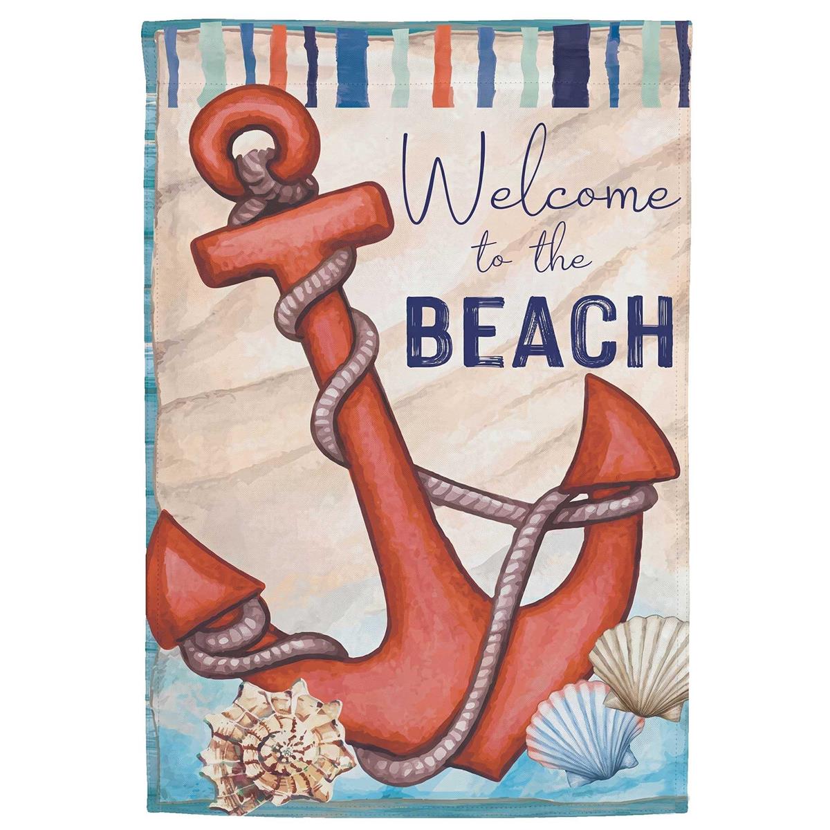 Anchor Welcome To The Beach garden flag featuring a nautical design, displayed outdoors with sunlight highlighting its colors and details.