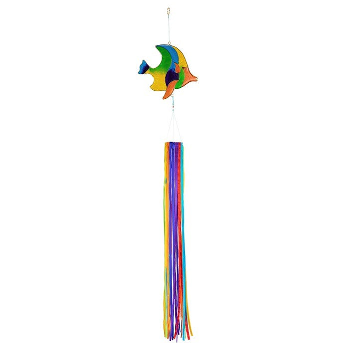Vibrant Angel Fish & Ribbon Windsock featuring a colorful resin angel fish and shimmering rainbow satin ribbons, swaying in the breeze.