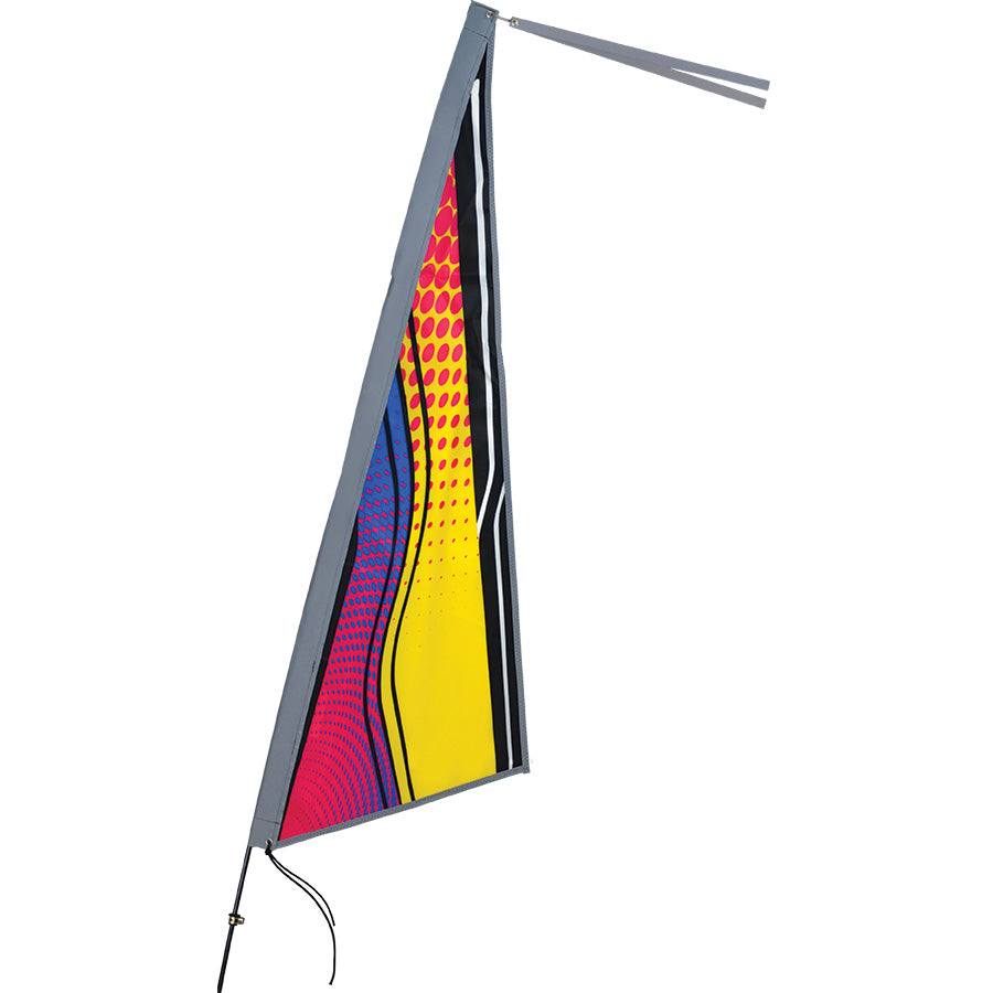Apex Bike Flag - Neon Wave, a colorful 12x39 flag displayed on a 6-foot pole, showcasing vibrant colors and reflective features for safety during cycling.