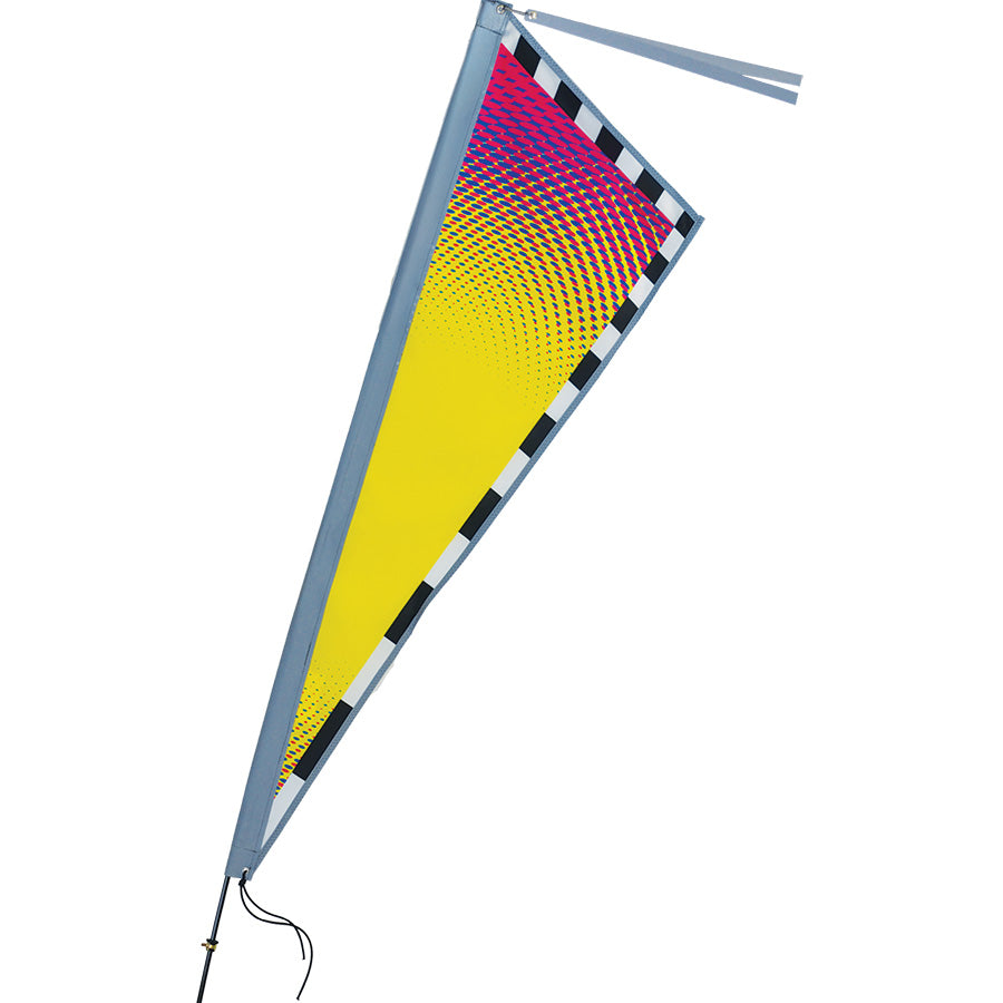 Apex Bike Flag in sunset fade design, measuring 12x39 inches, displayed on a 6-foot fiberglass pole for enhanced visibility.