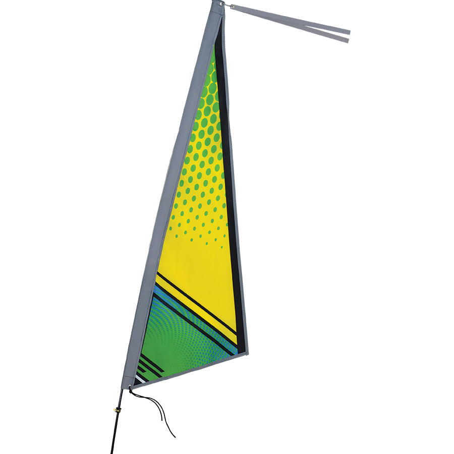 Apex Bike Flag measuring 12x39 inches in bright colors mounted on a 6-foot pole, showcasing its fade-resistant SunTex fabric and reflective elements.