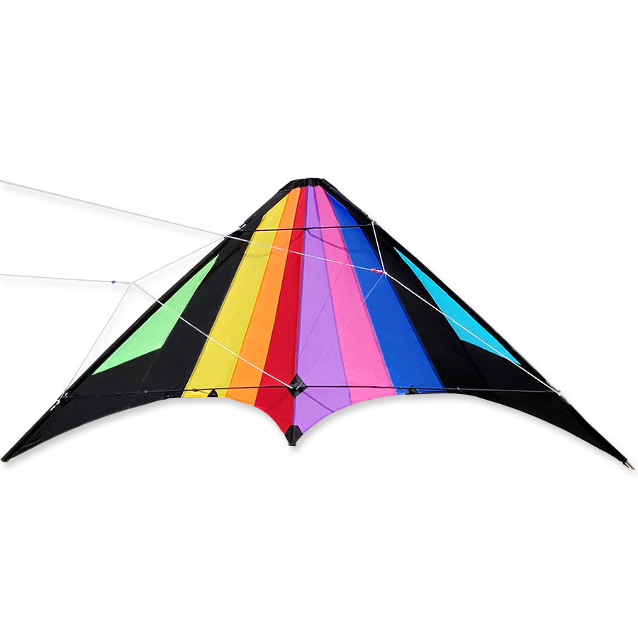 Apollo Sport Kite - Rainbow with a dual-line system soaring in the sky displayed against a bright blue background.