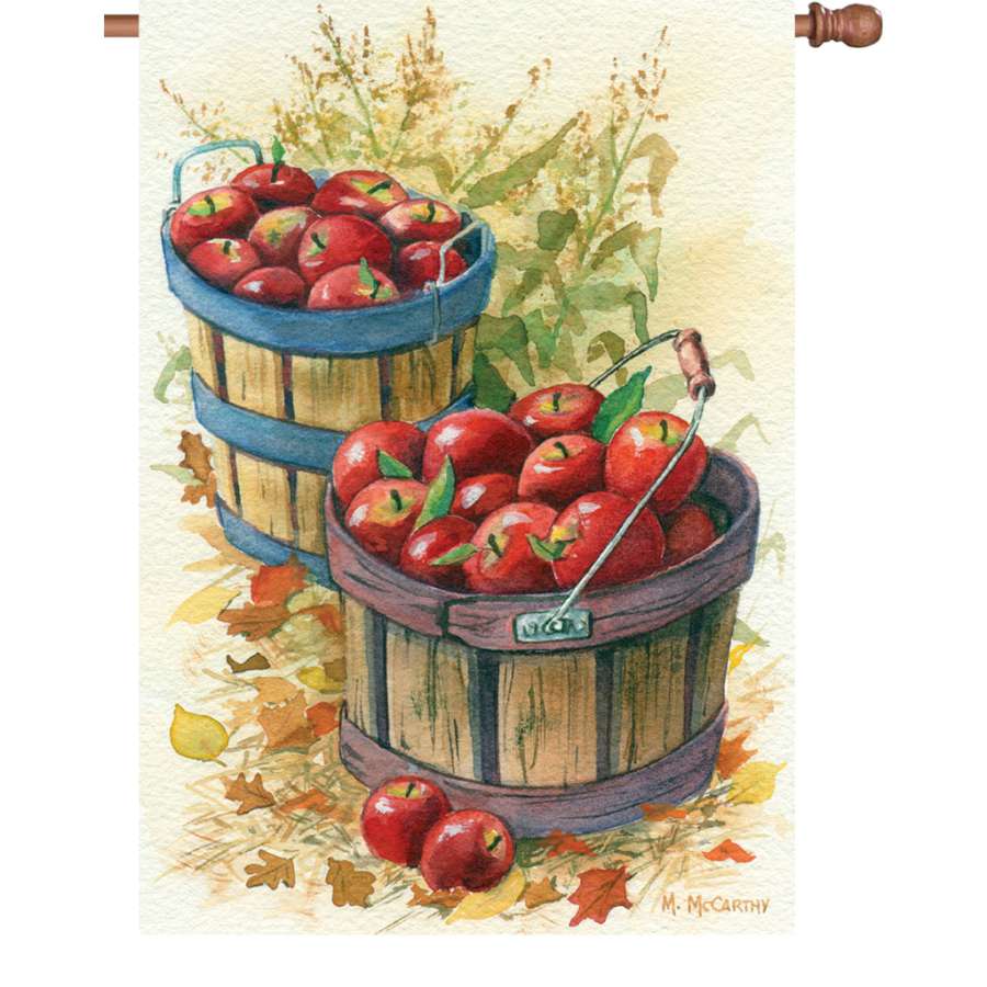 28-inch Apple Baskets illuminated flag, colorful autumn design displayed in an outdoor setting with a gentle glow at night.