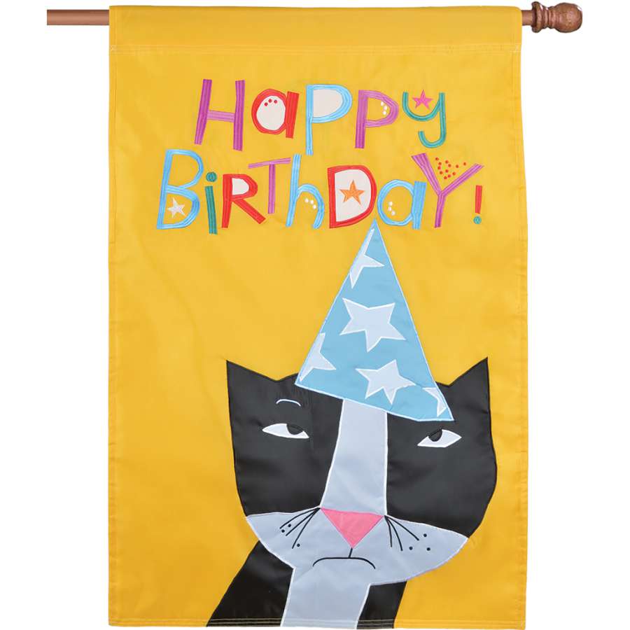 Applique Flag - Birthday Kitty displaying a playful kitty and 'Happy Birthday!' text, designed for outdoor use, adding charm to celebrations.