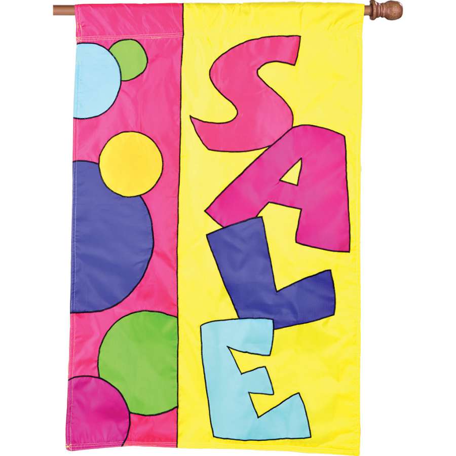 Applique Flag - Festive Sale, showing vibrant colors and detailed stitching displayed on a flagpole in an outdoor setting.
