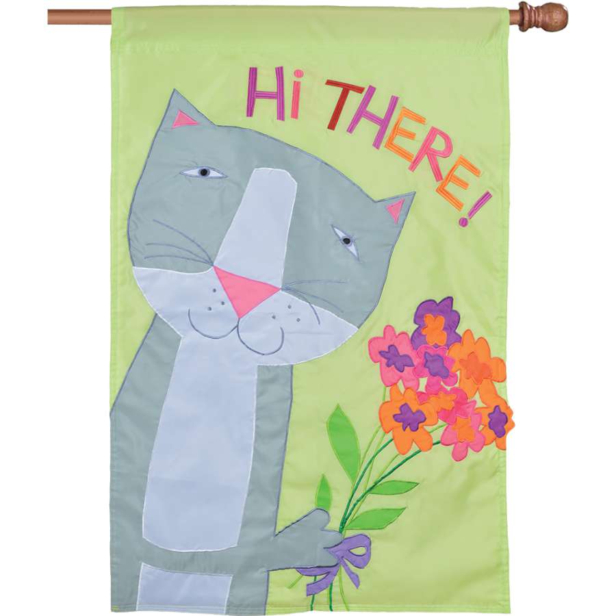 Applique Flag - Hi There! featuring a bold 'HI THERE!' design displayed outdoors, perfect for welcoming guests in a warm and friendly manner.