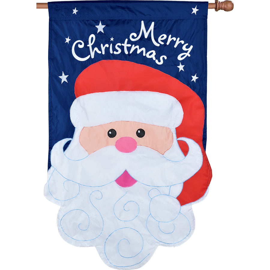 Double-sided Applique Flag - Merry Christmas displayed on a house flagpole, showcasing colorful festive design and text visible from both sides.