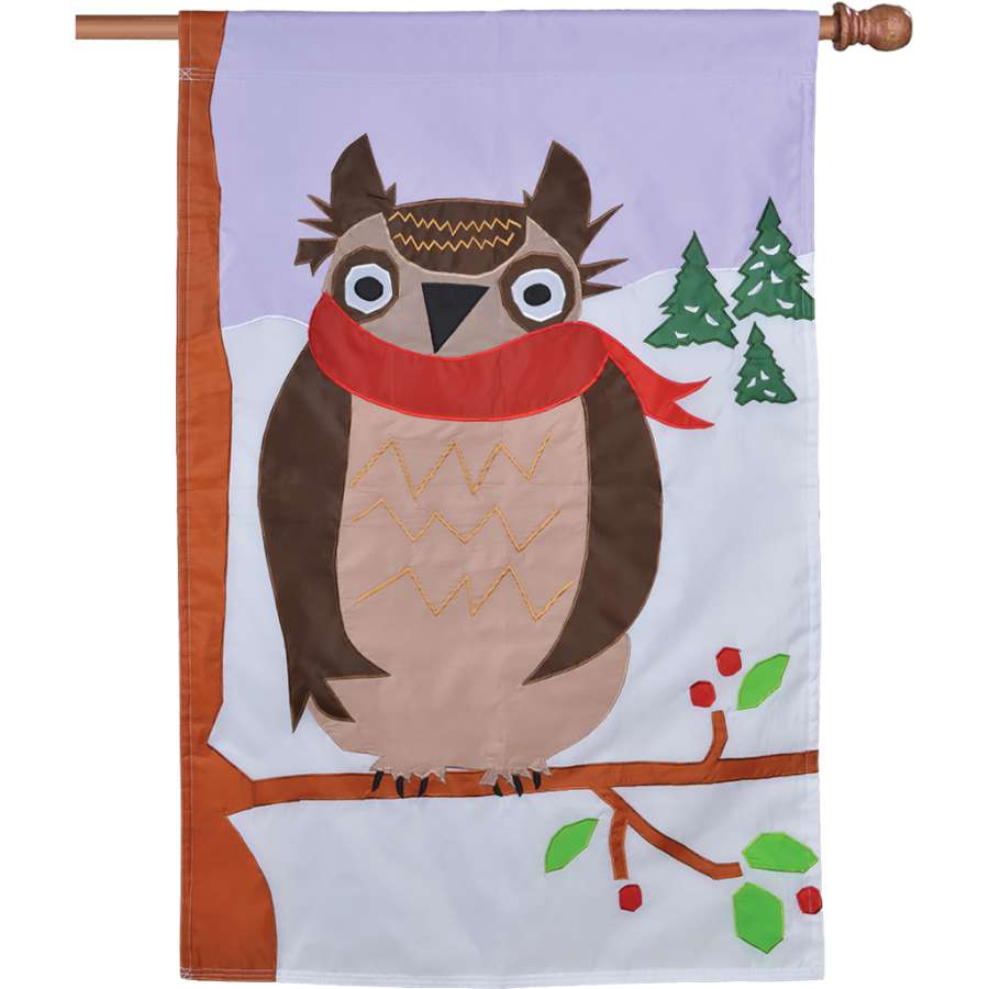 Applique Flag - Winter Owl, a double-sided house flag featuring a detailed winter owl on a soft background, displayed on a flagpole.