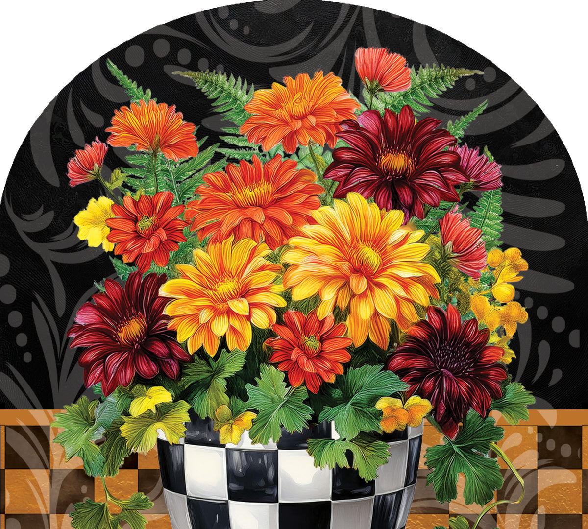 Arbor Mate-Brilliant Mums PVC panel featuring colorful autumn chrysanthemums, displayed in an outdoor setting, enhancing the garden's beauty.