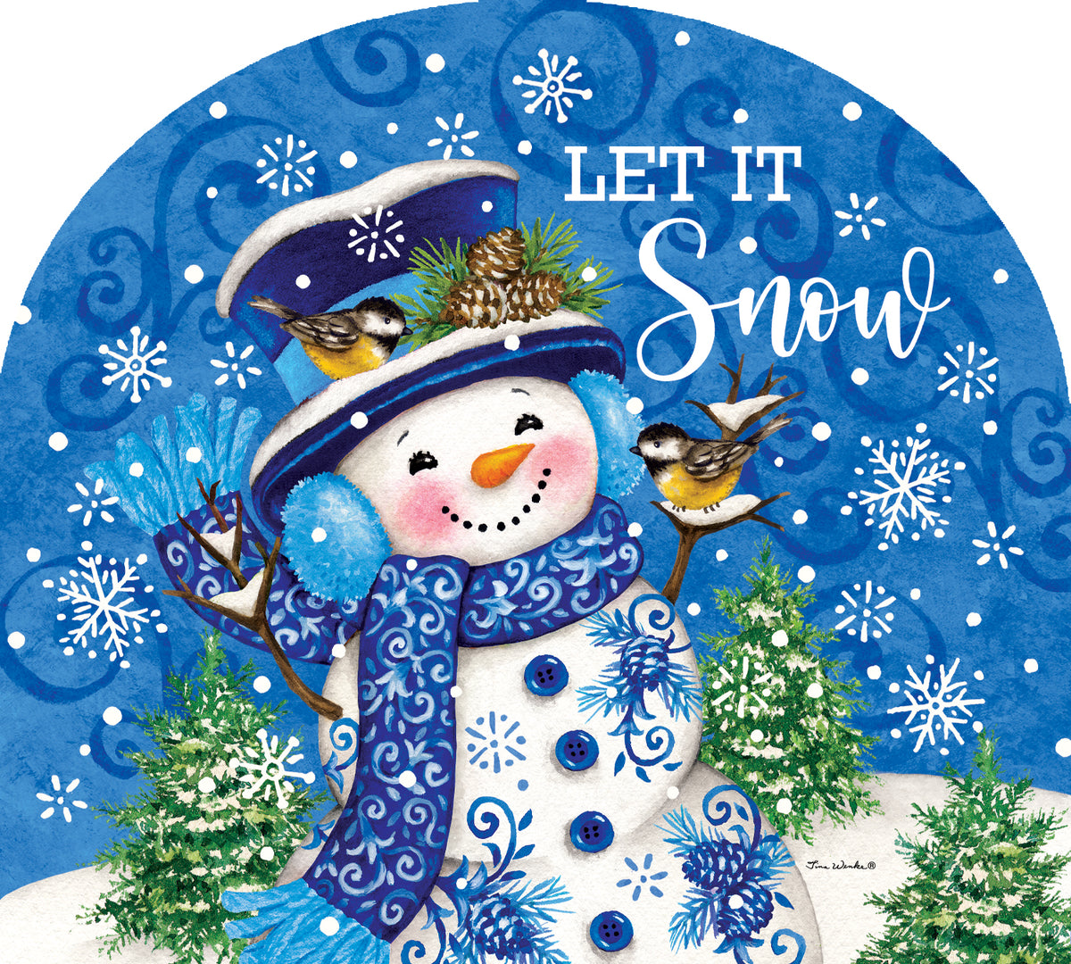 Arbor Mate-Chinoiserie Snowman with colorful design, placed in a garden setting to enhance winter decor aesthetics.