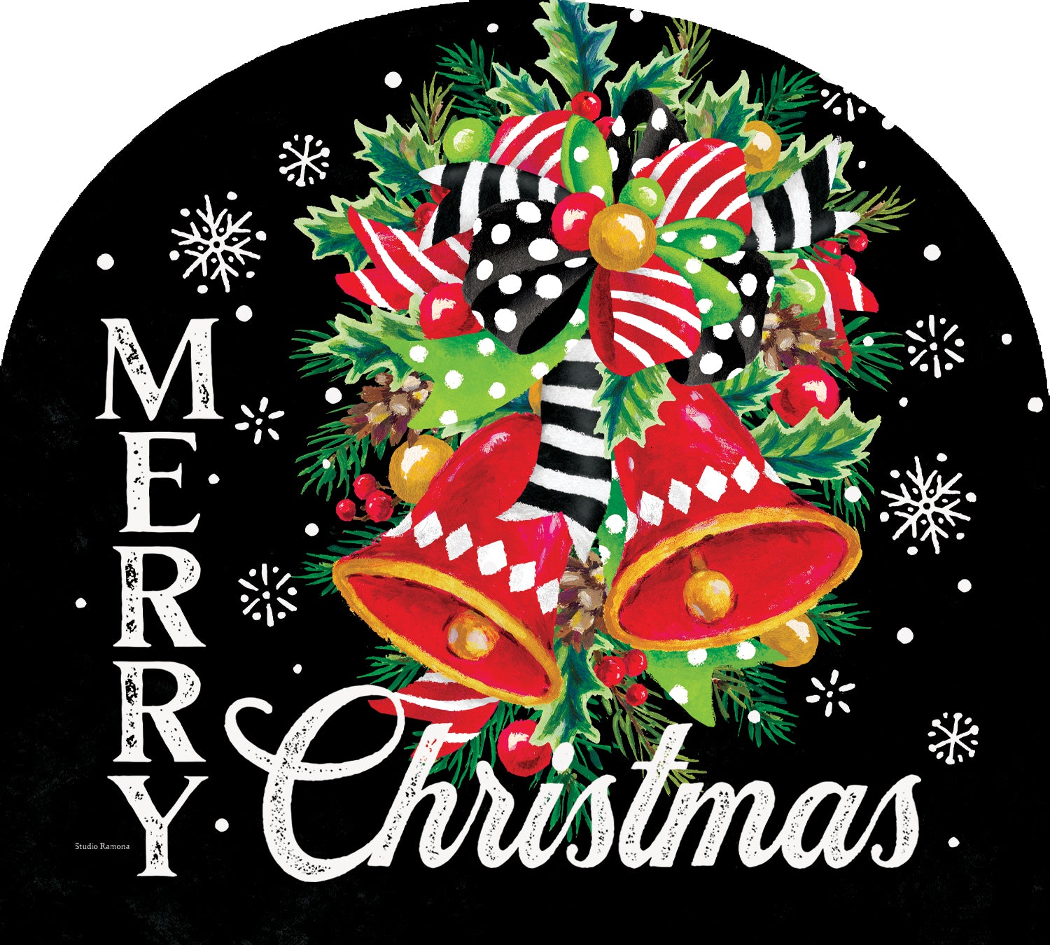 Arbor Mate-Christmas Bells decorative panel displayed in a festive outdoor garden setting, featuring bright colors and classic Christmas bell imagery.