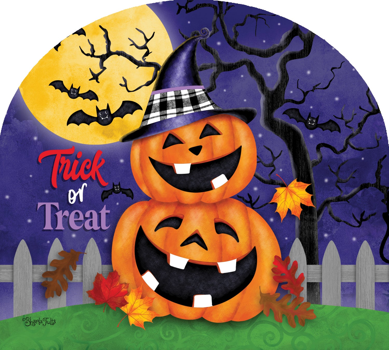 Arbor Mate Halloween Stack, a colorful PVC interchangeable panel measuring 9.25x7.5 inches, displayed in a front yard for seasonal decoration.
