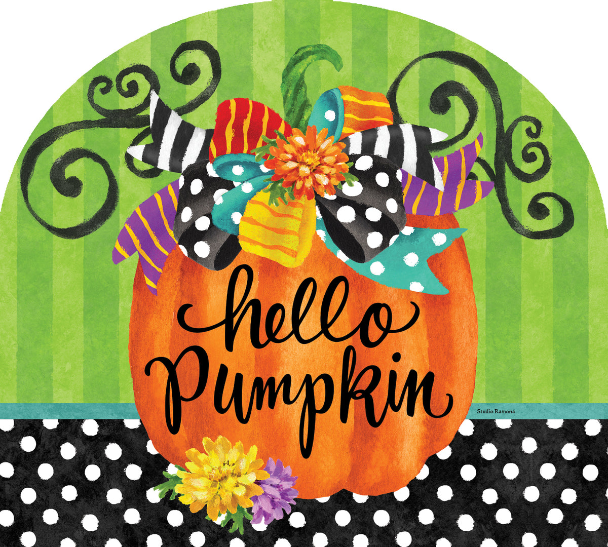 Arbor Mate-Hello Pumpkin garden panel featuring a vibrant pumpkin design displayed in an outdoor setting, perfect for fall decor.