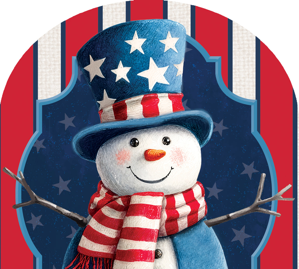 Arbor Mate Patriotic Snowman panel displayed outdoors, featuring red, white, and blue colors perfect for winter holiday decorations.
