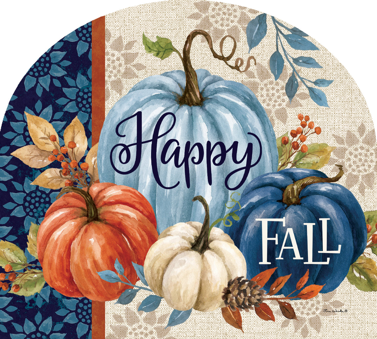 Arbor Mate Pumpkin Blues interchangeable garden panel featuring a vibrant pumpkin design, displayed in a garden setting, enhancing fall decor.