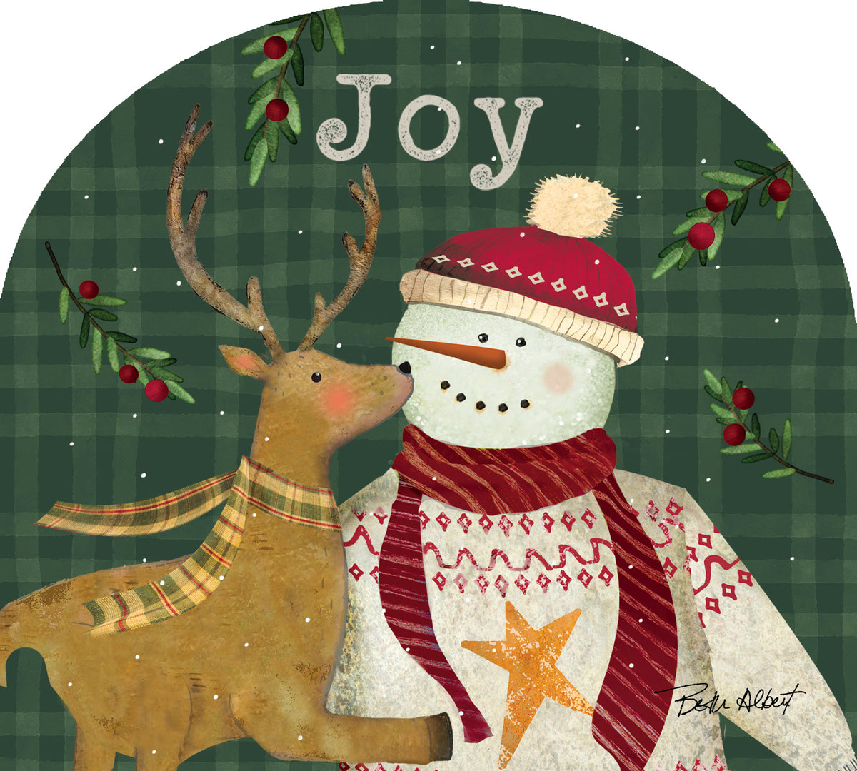 Arbor Mate-Snowman Deer decorative panel displayed outdoors showcasing a whimsical snowman design in a garden setting.
