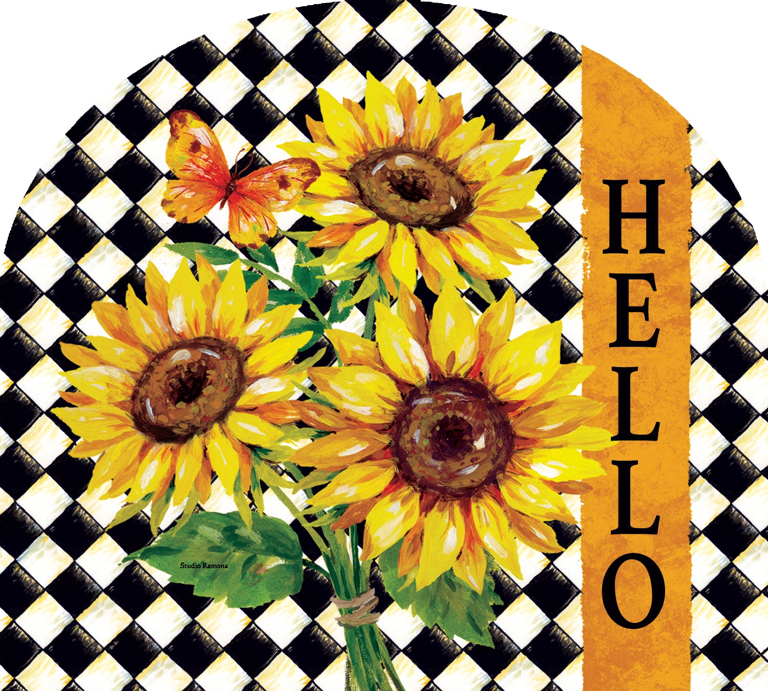 Arbor Mate-Sunflower Harlequin decorative panel featuring a sunflower design mounted in the Arbor Mate holder in a garden setting.