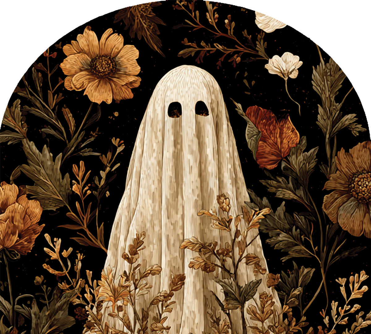 Arbor Mate-Vintage Ghost garden panel displaying a charming ghost design for Halloween, measuring 9.25" x 7.5", showcased in a garden setting.