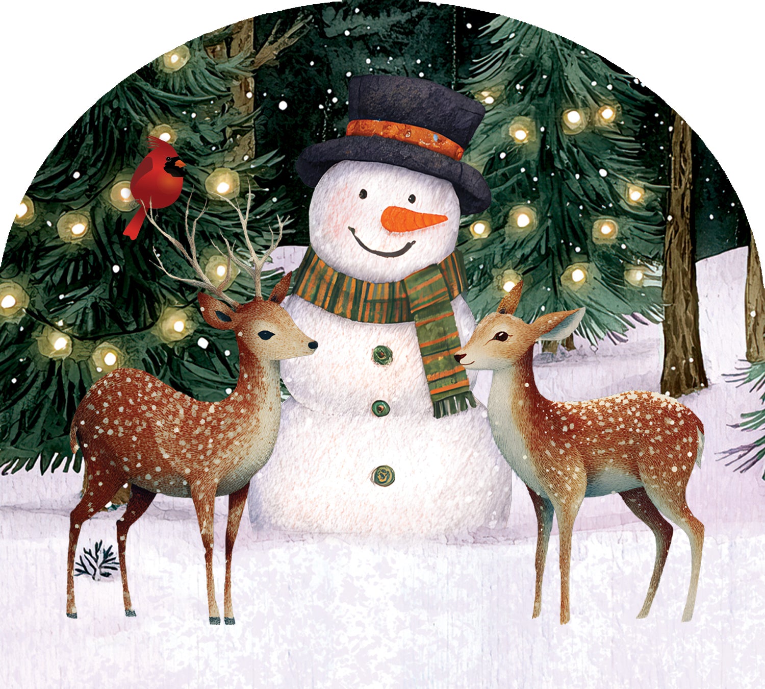 Arbor Mate Woodsy Snowman, a colorful PVC outdoor decoration, displayed in a garden setting to enhance Christmas spirit.