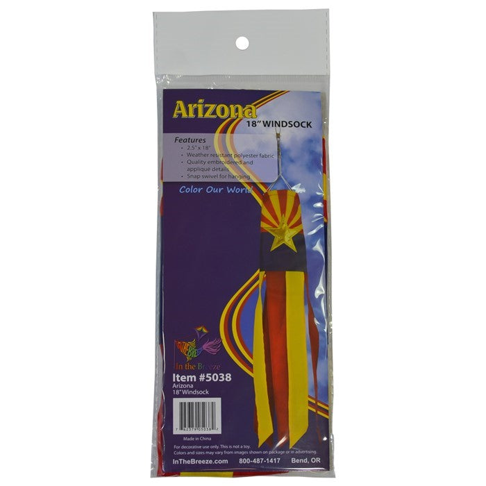 Arizona 18" windsock displaying vibrant flag design with colorful tails, fluttering in a gentle breeze in an outdoor garden setting.