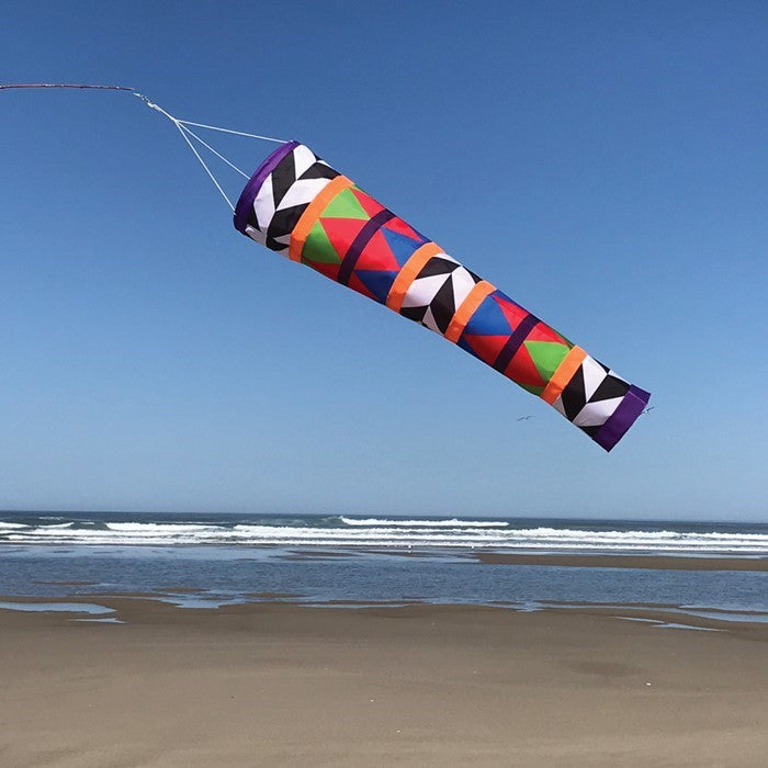 Arrow 41-inch Cone Windsock featuring a rainbow design, displayed outdoors against a clear sky, showcasing its conical shape.