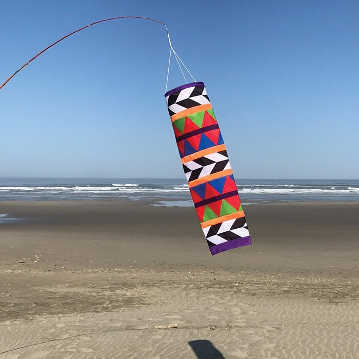 Arrow 41-inch Cone Windsock featuring a rainbow design, displayed outdoors against a clear sky, showcasing its conical shape.