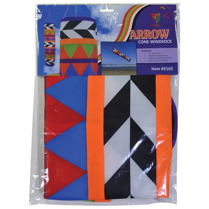 Arrow 41-inch Cone Windsock featuring a rainbow design, displayed outdoors against a clear sky, showcasing its conical shape.