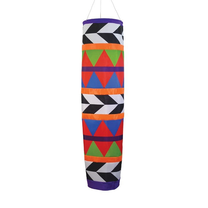 Arrow 41-inch Cone Windsock featuring a rainbow design, displayed outdoors against a clear sky, showcasing its conical shape.