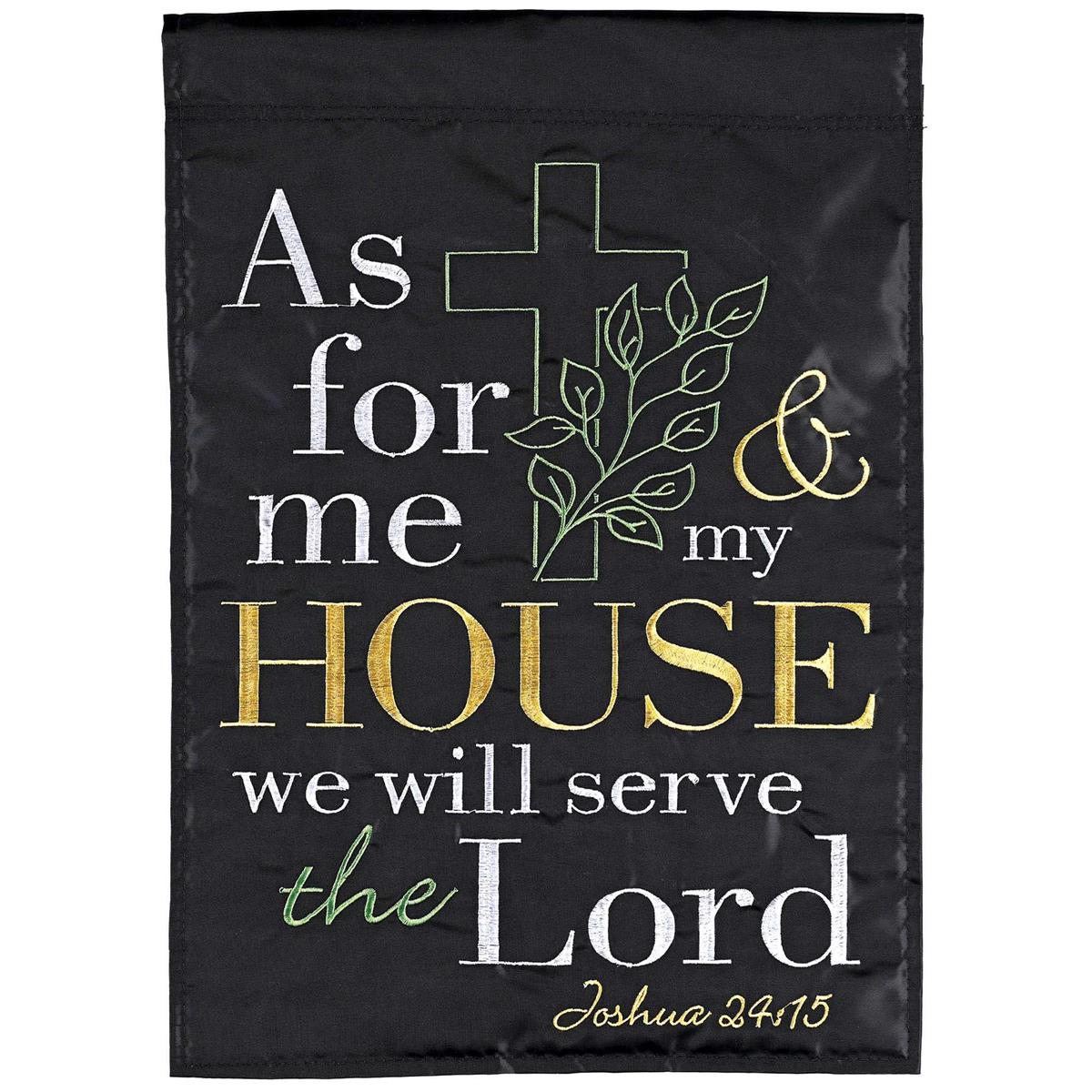 As For Me And My House Banner Flag, 29x42 inches, featuring intricate double-applique and embroidery, displayed outdoors on a flagpole.