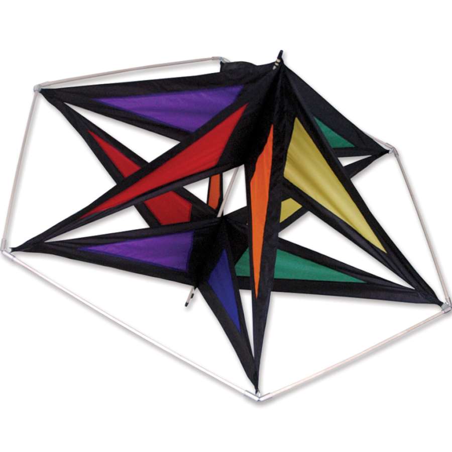 Astro Star Kite in vibrant rainbow colors, measuring 44 x 35 inches, flying high against a clear blue sky with the sun shining.