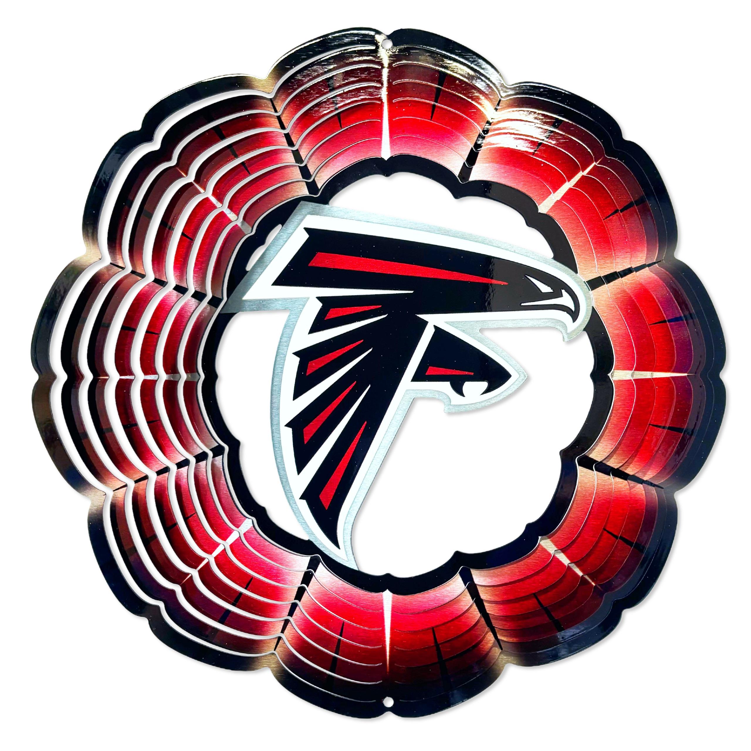 Atlanta Falcons wind spinner showcasing team colors and artwork, rotating in the breeze, perfect for gardens, porches, and tailgating events.