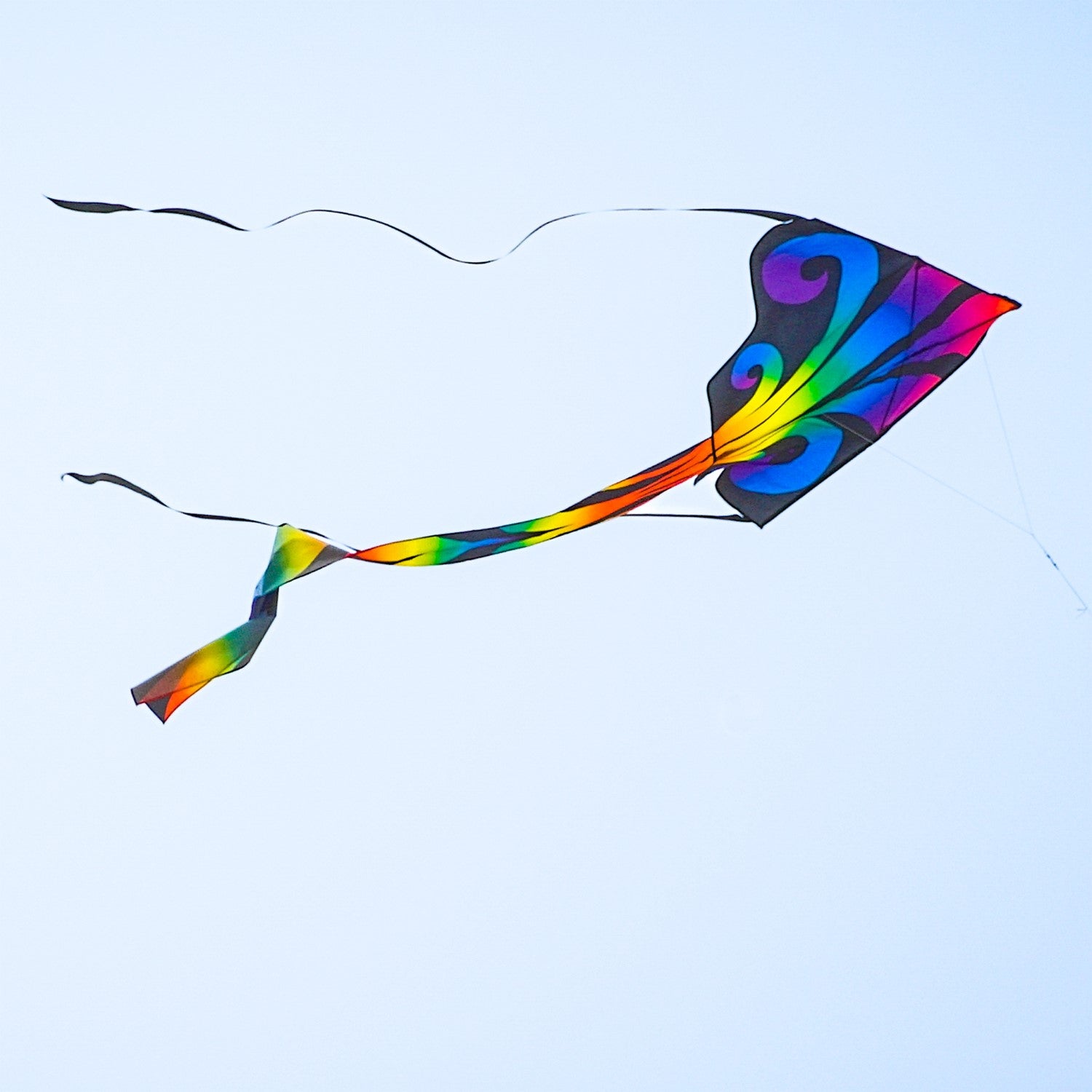 Aurora 46 inch Fly-Hi Kite soaring in a clear sky, featuring colorful printed design and streamer tails, ideal for family outdoor activities.