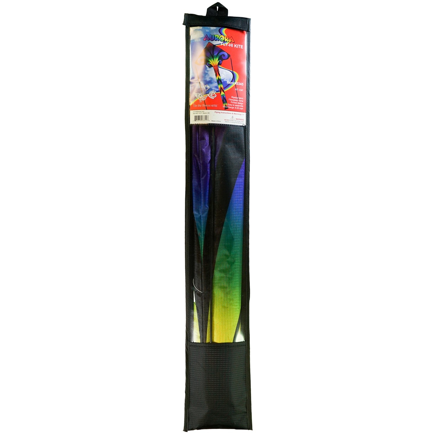 Aurora 46 inch Fly-Hi Kite soaring in a clear sky, featuring colorful printed design and streamer tails, ideal for family outdoor activities.