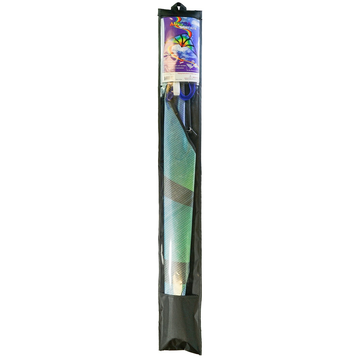 Aurora 48 inch Stunt Kite featuring a brilliant aurora pattern, flying against a clear blue sky in a festive outdoor setting.