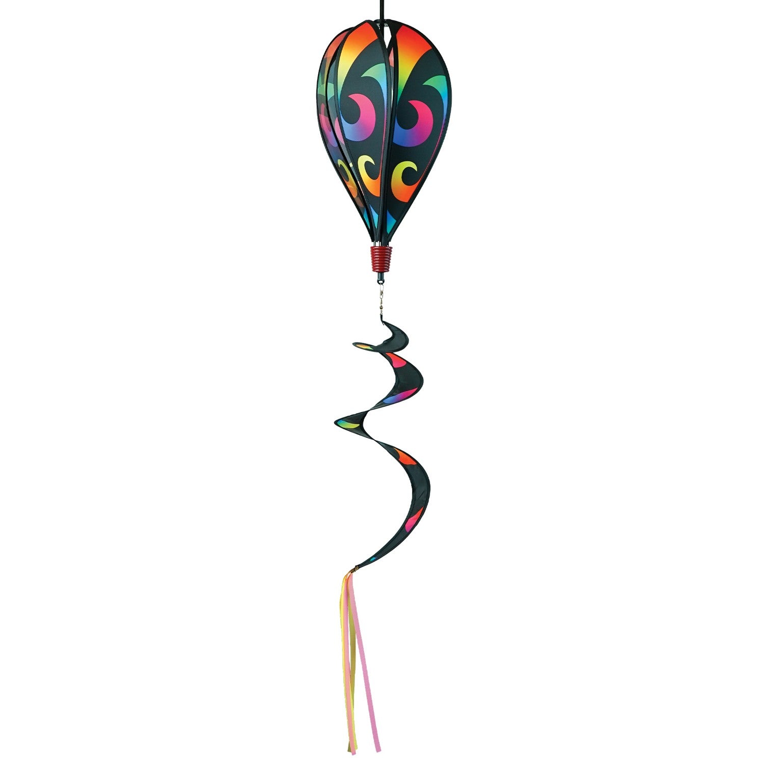 Aurora 6-Panel Hot Air Balloon in vibrant rainbow colors, displayed in a garden setting, spinning gracefully with colorful tail.