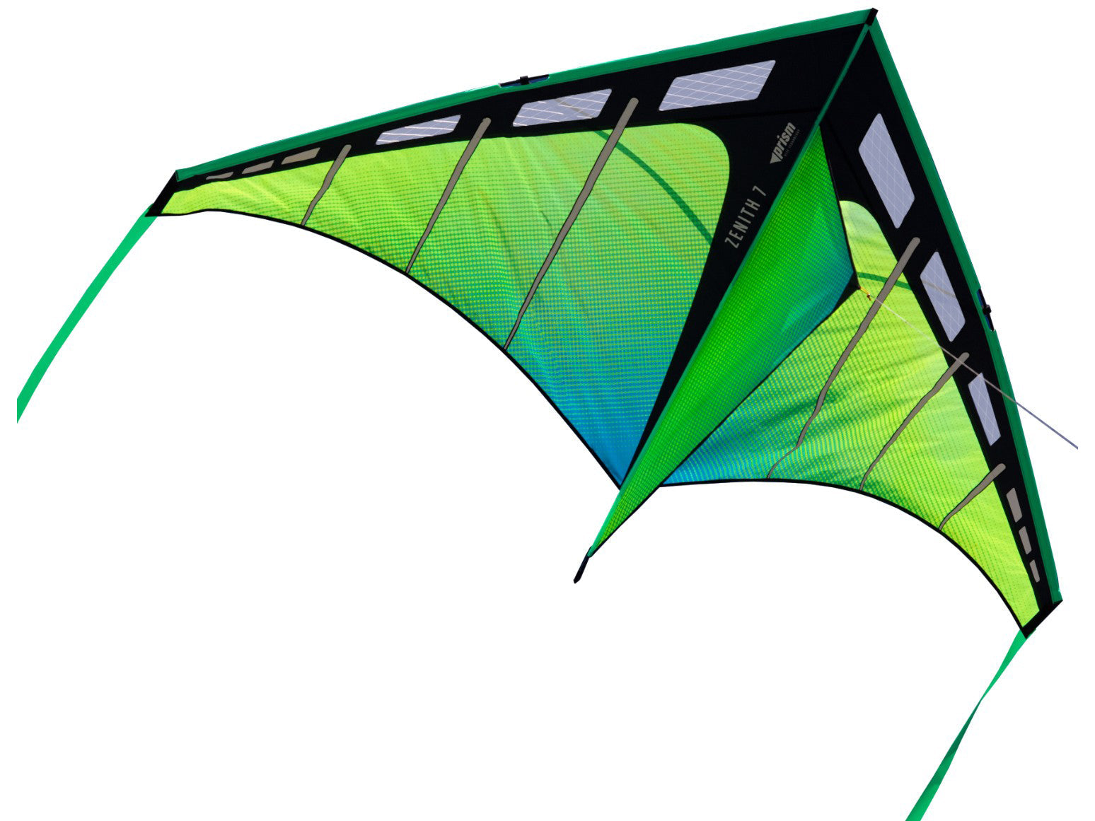 large delta kite with 7 foot wingspan flying in open sky with ribbon tails and strong pull for lifting accessories
