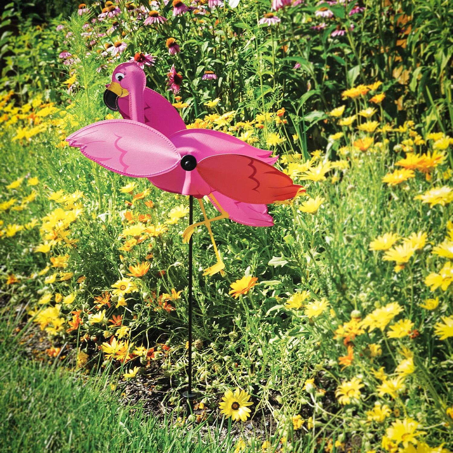 This Baby Flamingo Whirligig features an adorable pink flamingo design with spinning wings, bringing lively charm to gardens, flower pots, or patios.