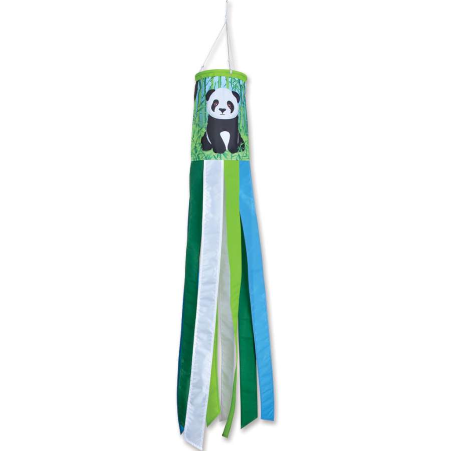 Whimsical Baby Pandas windsock with colorful panda designs fluttering in the wind in an outdoor garden setting.