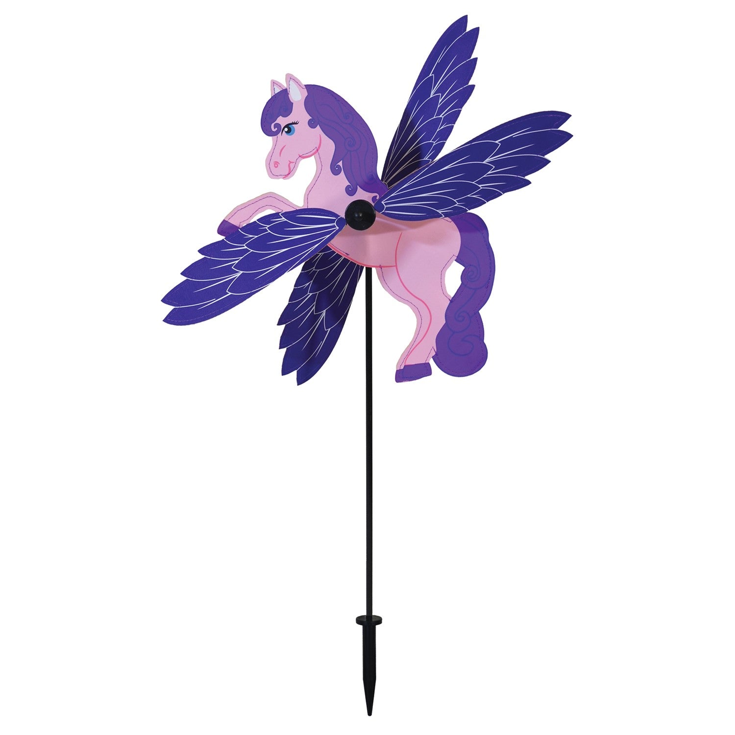 Baby Pegasus Whirligig garden spinner with colorful flying horse graphic and moving wings positioned in a sunny garden setting.